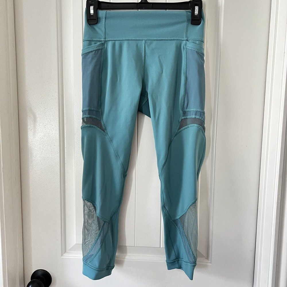 Lululemon Forget The Sweat Crop 21" Turquoise Sea Size 6 Mesh Details Teal Blue - Picture 2 of 15